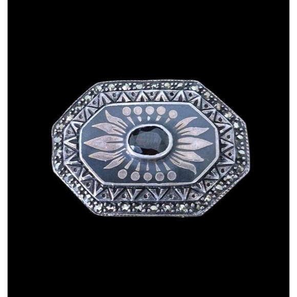 Unbranded Jewelry - Vintage Art Deco Sterling Silver Brooch Pin Marcasite Garnet Center Stone